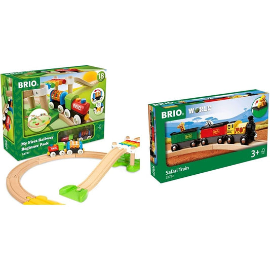 BRIO Railway My First Beginner Set [Total 18 Pieces] Target Ages 1 and a Half Years and Up (Train Toy Wooden Rail) 33727 & WORLD Safari Train [3-Car Set] Target Ages 3 Years and Up (Train Toy Wooden Rail Engine) Car) 33722 [Set purchase]
