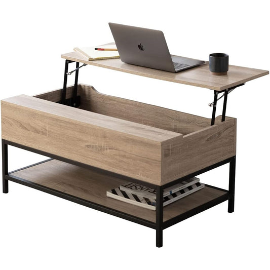 Emur Table, Low Table, Elevating Type, Desk, Oak, Height Adjustment, Large Capacity Storage, Includes Storage Shelf, Easy Open/Close, Stylish Desk