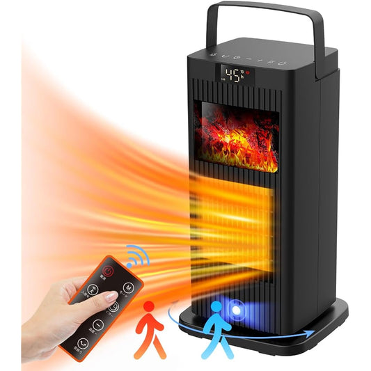 2023 Winter Fireplace Ceramic Heater, Motion Sensor Function, 1,500 W 1 Second Warm, Electric Fan Heater, Remote Control, Large Airflow, Energy Saving, 4 Level Switching, 1-12H Timer Function, ECO