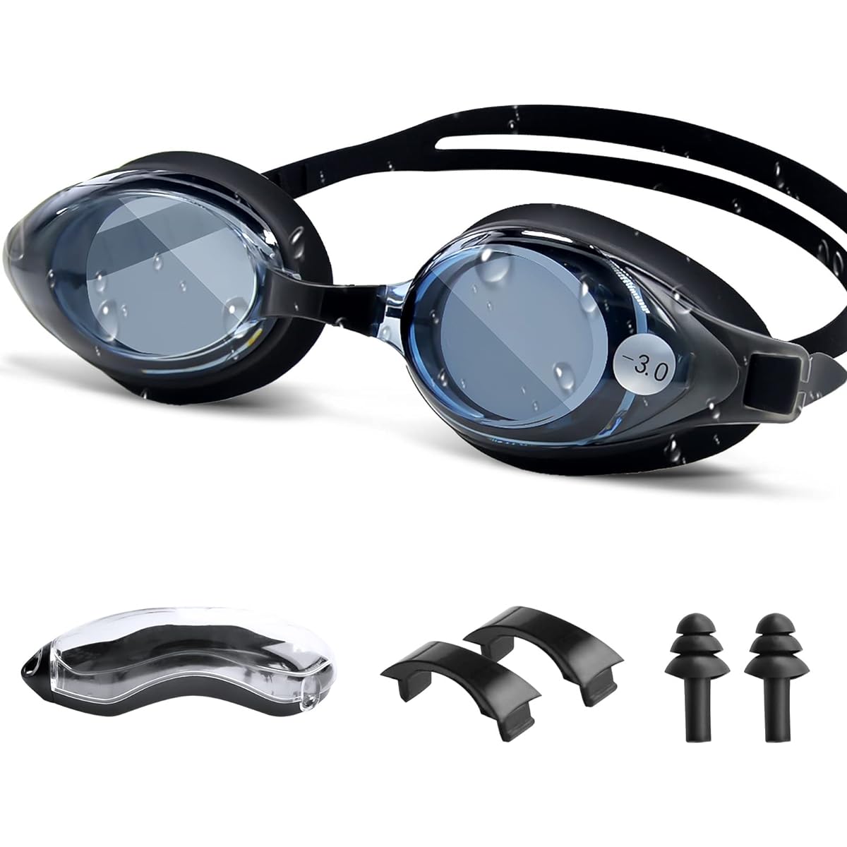 [Air Rope] Swimming Goggles for Children/Adults Underwater Swimming Goggles (S-2.00~S-6.00) Swimming Goggles with Nose Belt/Ear Plugs, Antibacterial, UV Protection, Anti-Fog, Water Leak Prevention, Unisex, Adjustable Belt, Case Included