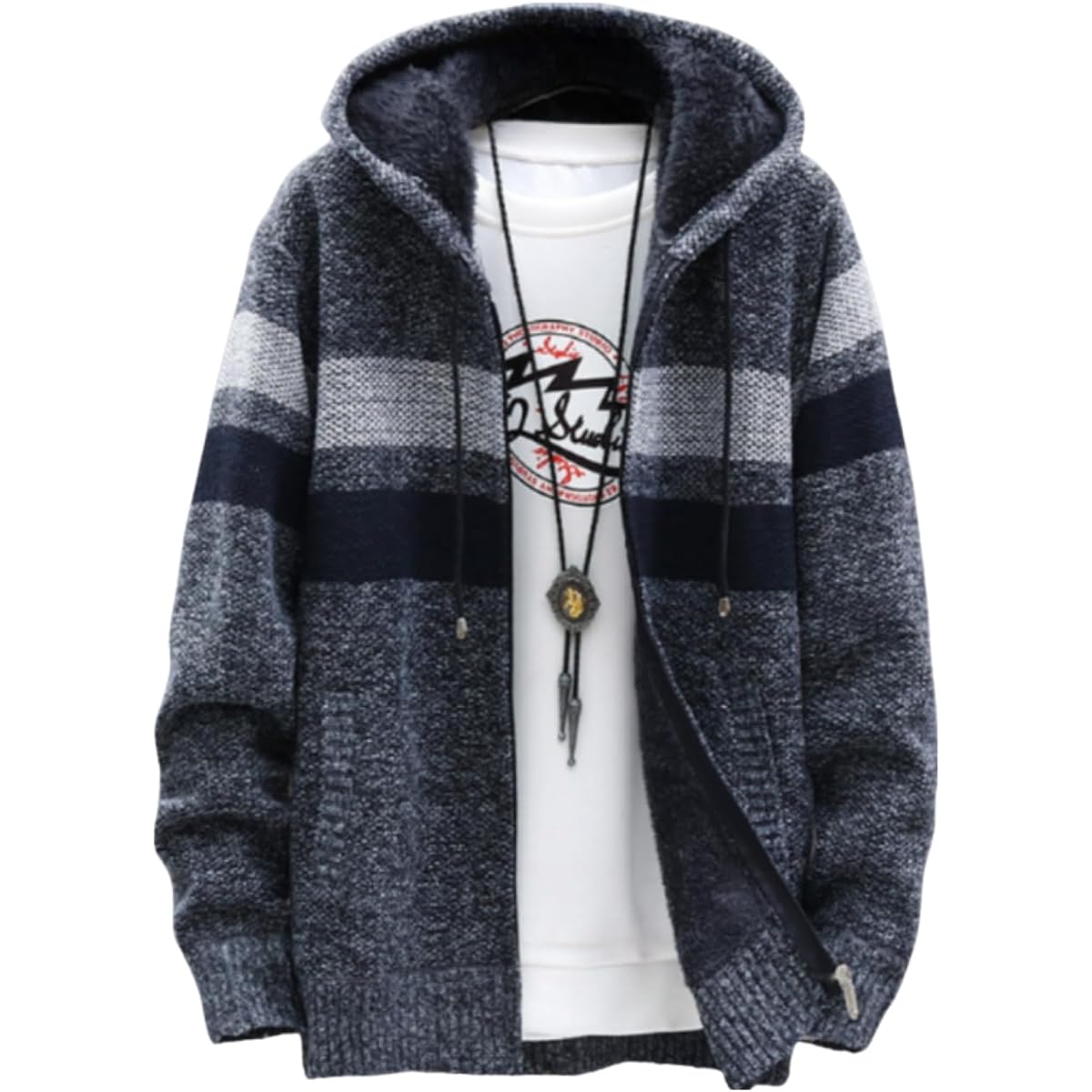 Men's Zip Up Parka Boa Back Switching Cardigan Outerwear Long Sleeve Hooded Parka Simple Outerwear Korean