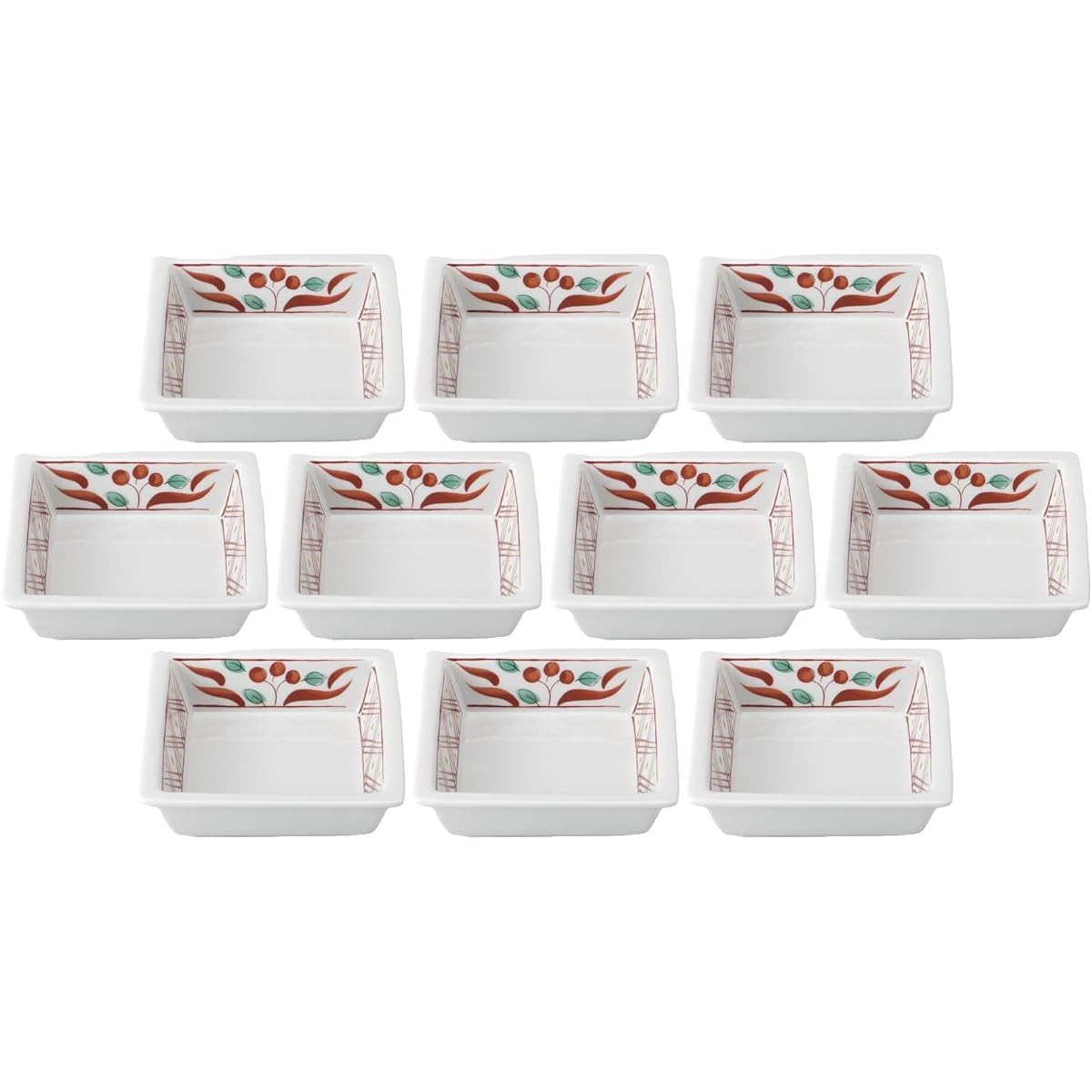 Set of 10 Red Lattice Banreki Square Bowl [11.1×3.4cm] | Square Bowl