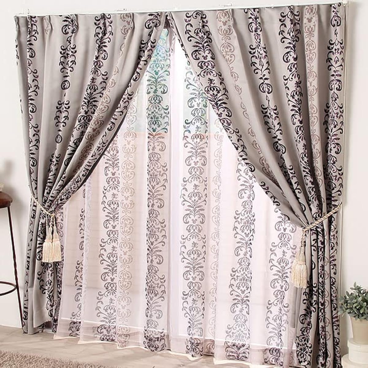 BELLUNA Disney Mickey Curtains, Set of 4, Light Blocking, Class 3, Patterned Curtains, Gorgeous Lace Curtains, For Bedroom, Living Room, Washable, Stylish, Characters, Thick Curtains, 2 Lace Curtains,