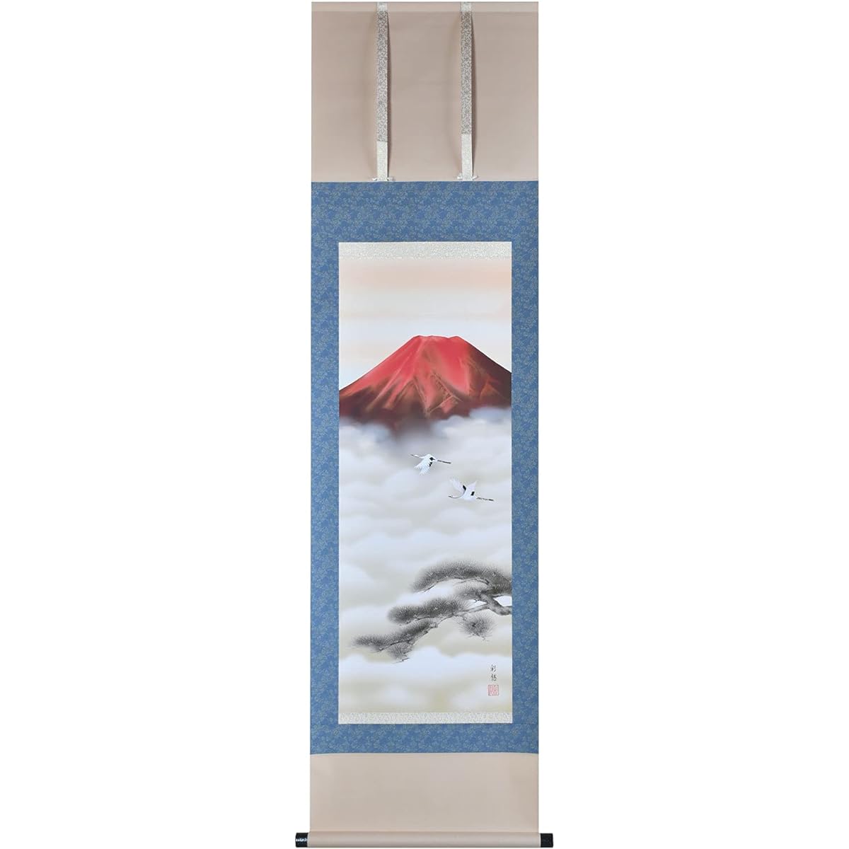 Sunny Town Gallery Hanging Scroll, Year-round, Landscape Painting, Red Fuji Twin Cranes, Saiyu Udagawa, Shakusan, Width 44.5 x Height 164cm