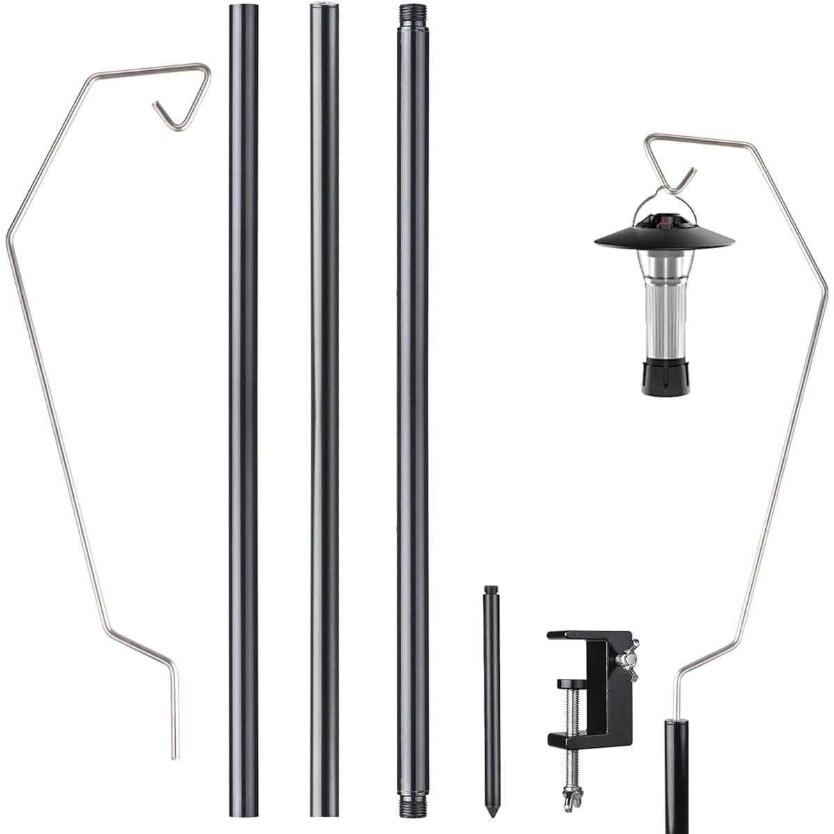 Lantern stand holder, pole lantern hanger, compact, lightweight, clamp type, push-in type, dual use, convenient to carry, easy to assemble, outdoor, camping supplies, picnic, storage bag included