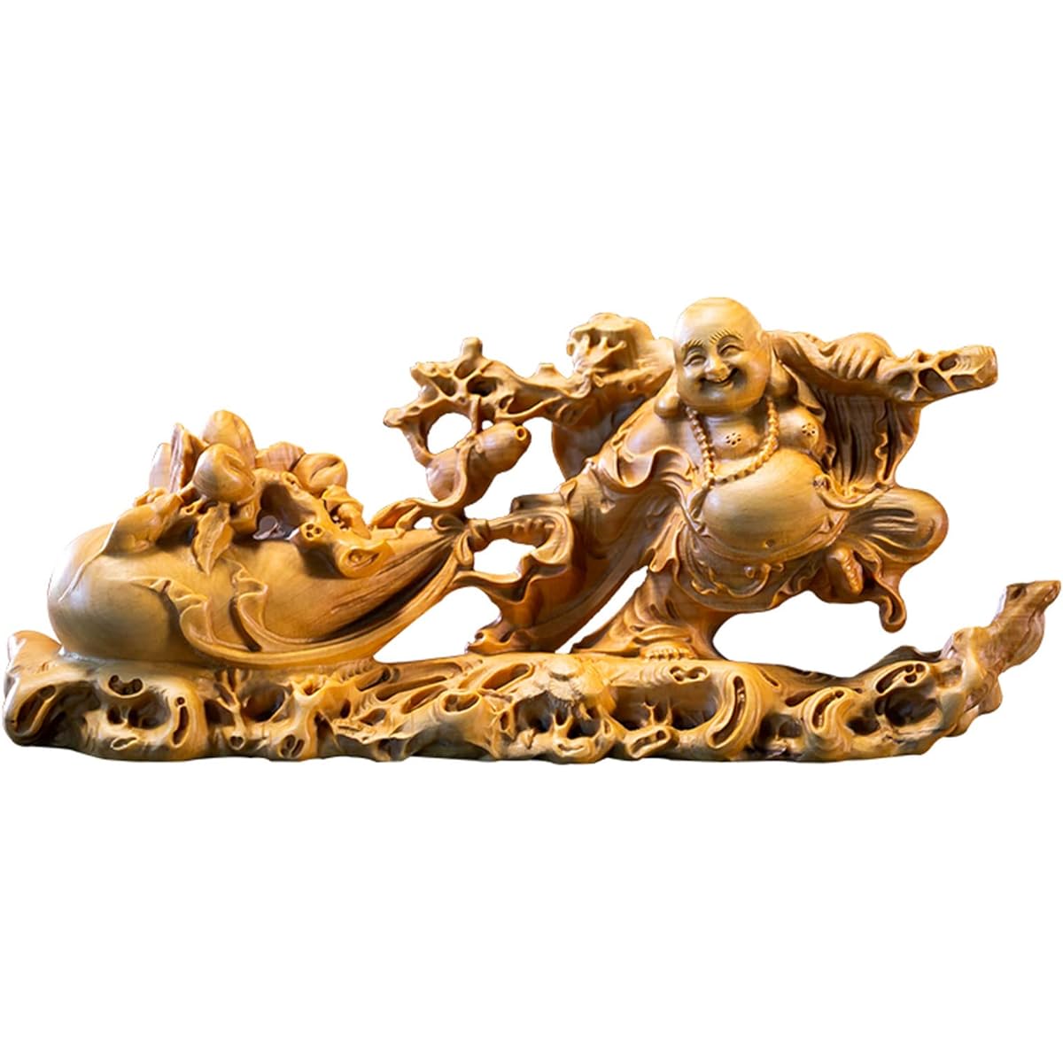 Wood carving Buddha statue Seven Lucky Gods figurine Hotei figurine High quality boxwood wood carving Hotei Feng Shui Money luck amulet (total height approx. 6cm, width 14cm, depth 3.5cm)