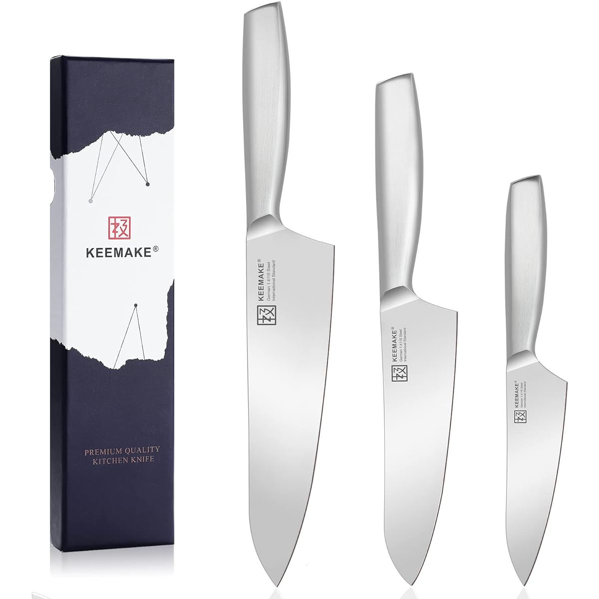 KEEMAKE Knife Set, Santoku Knife, Stainless Steel 203mm, 160mm, 130mm, Dishwasher Safe, All-Purpose Knife, Multifunctional, Left-Handed Knife, Bread Knife, Meat Cutting, Vegetable Cutting, Fish Cutting, Kitchen Utensils, Present, Gift