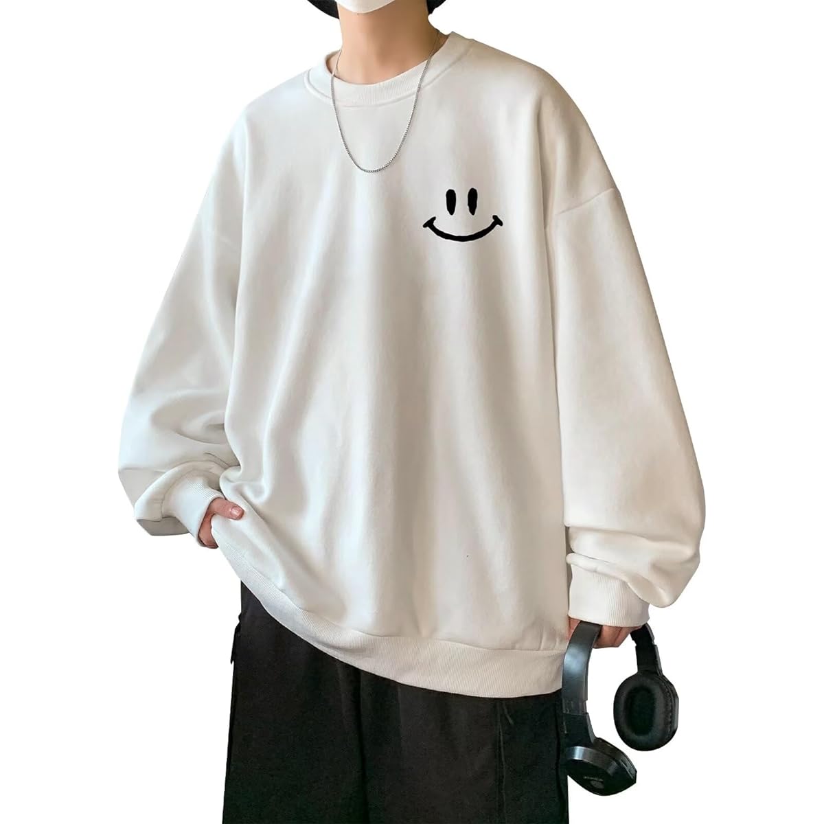 [WEEN CHARM] Men's Sweatshirt, Large Size, Big Silhouette, Sweatshirt, Long Sleeve, Spring Clothes, Hoodie, Sweatshirt, Casual, Loose, Round Neck, Oversized, Smile Pattern