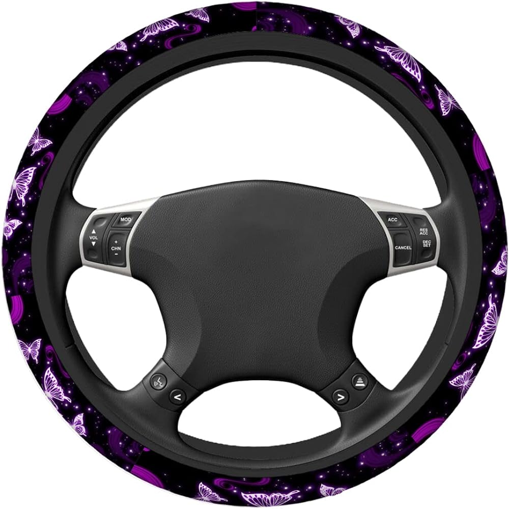 SWONO Butterfly Purple handle cover Men's Ladies Abstract Purple Butterfly and Flower Black Universal 15 inch Auto Neophane Case Roses Wheel Protector