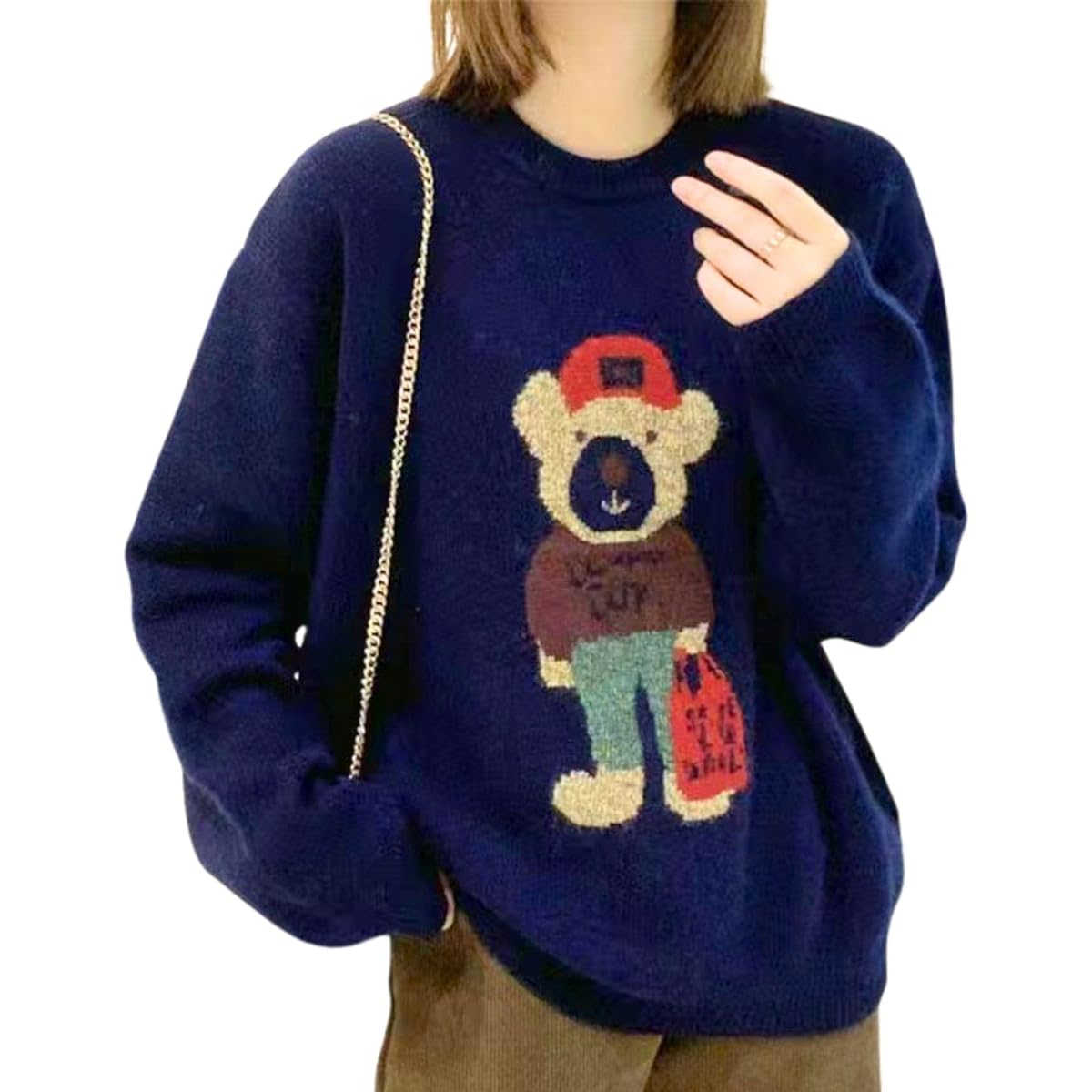 [Famy] Loose Knit Bear Print Autumn Cute Sweatshirt Women's One Size Fits Most