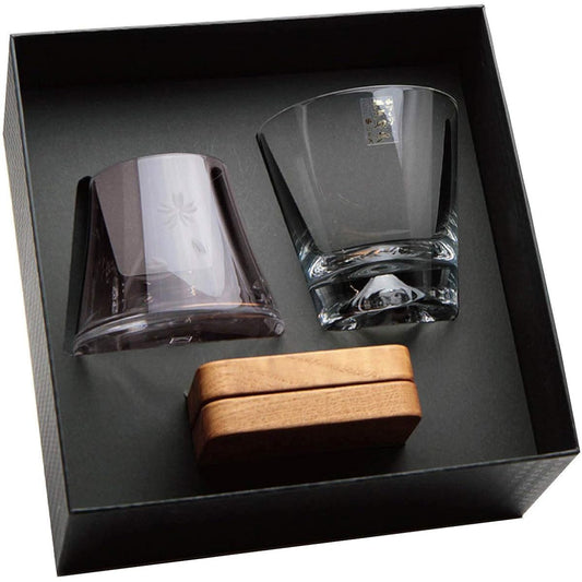 Premium gift set - Sakura Mt. Fuji rocks glass Mt. Fuji Hoei glass (Sakura) with wooden coaster