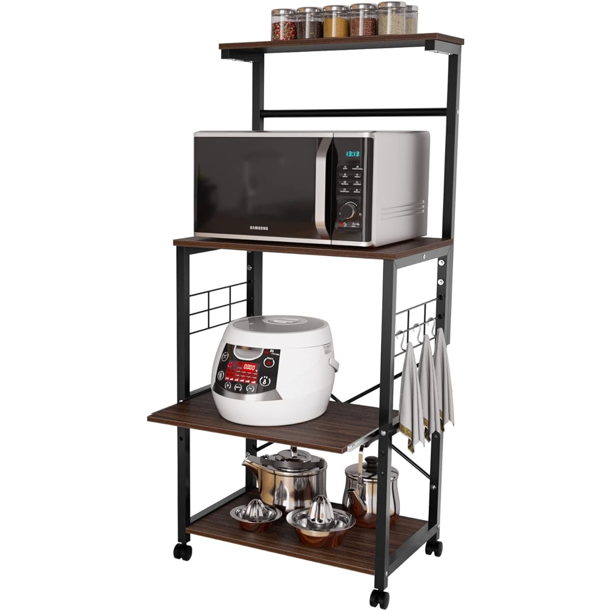 DE WEL Kitchen Rack, Sliding Shelf, 4 Tiers, Width 23.6 inches (60 cm), Height 59.1 inches (150 cm), Total Load Capacity 110.2 lbs (50 kg), Kitchen Wagon, Includes Casters and Adjusters, Slide Shelf,