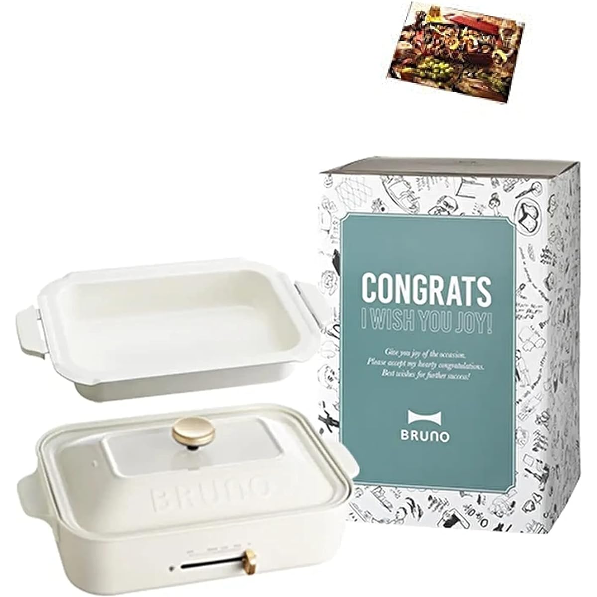 BRUNO BOE021-WH 170 Compact Hot Plate, Main Body, 3 Types of Plates (Takoyaki, Ceramic Coated Pot, Flat), Celebration Sleeve, Recipe Book Included, White, Stylish, Cute, 1,200w, Temperature