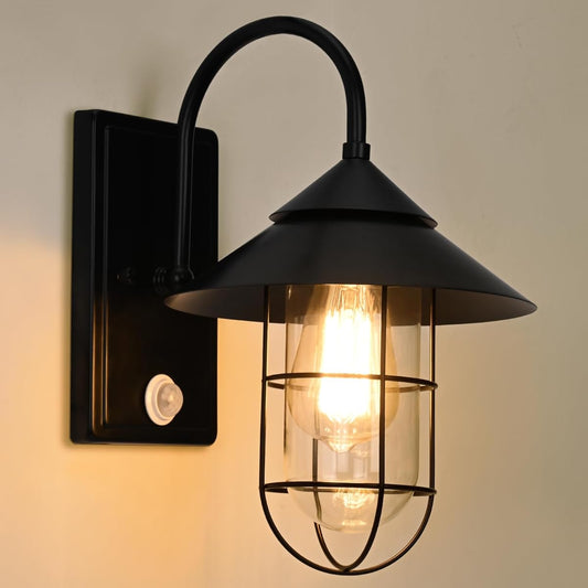 Athbavib Entrance Light, Motion Sensor Light, Bracket Light, Outdoor, Waterproof, Set of 1, Nordic, Retro Style, Simple, Black, Porch Light, Wall Light, Portal Post Light, Compatible with E27 Base