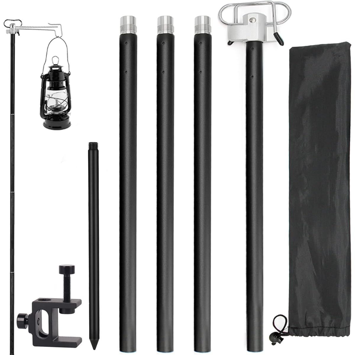 CHENGMAY Lantern Stand, Drive-in Table, 2-way Retractable Double Hanger, Compact, Diameter 16mm, Drive-In, Lightweight Lantern Pole, Outdoor Camping Equipment, Height Adjustment, Freestanding, Load Capacity 1.5kg, Storage Case Included