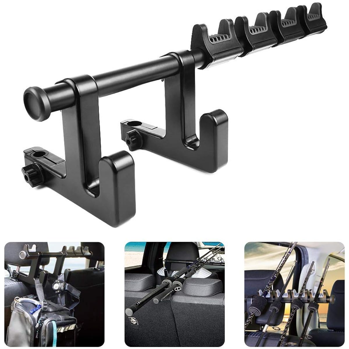 LITTLEMOLE Car Fishing Rod Holder with Seat Hook Multifunctional Fishing Rod Rack Car Headrest Hook Hanger Holder for Bag Wallet Cloth Grocery