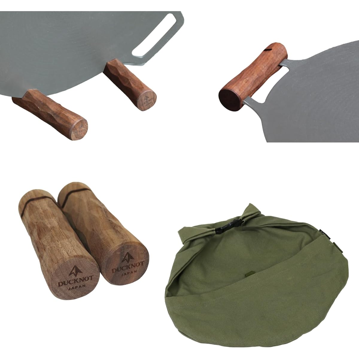 DUCKNOT Grip Stand Case SET JHQ Multi Griddle 33cm Case Handle Handle Storage Case Storage Bag Iron Plate Case Camping Outdoor Carrying Made in Japan (Grip Stand: Walnut/Storage Case: Khaki)
