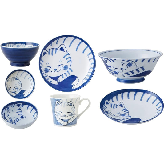 Cat's pottery Nekogura (Tora) 7-piece tableware set, lightweight tableware (lightweight), made in Japan, Mino ware