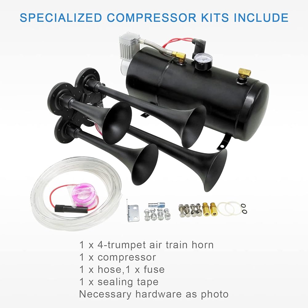 LDMINDA 150DB 4 Trumpet Train Horn Kit 150PSI 12V Air Compressor Air Horn Compressor Tank Vehicle Track or SUV