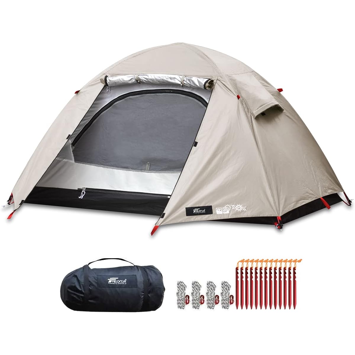 FIELDOOR Camping tent with fly sheet, Field Camp Dome 100, with pegs + rope + carry bag, for 1 person, solo, hanging type, UV protection, water resistant, silver coating, canopy, easy