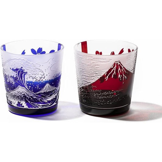 [Taimuro Kobo Official] Edo Glass Red Fuji/Nami Fuji and Cherry Blossom Free Cup Pair (Red/Ruri) TB022-204R_206B Presentation Box Made in Japan