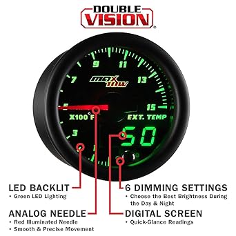 MAXTOW Double Vision 1500 F Pilometer Exhaust Gas Temperature EGT Gauge Kit -Type K Probed -Black Gauge Face -Green LED Dial -Analog & Digital Read -Diesel Trucks -2-1/16 inches 52mm