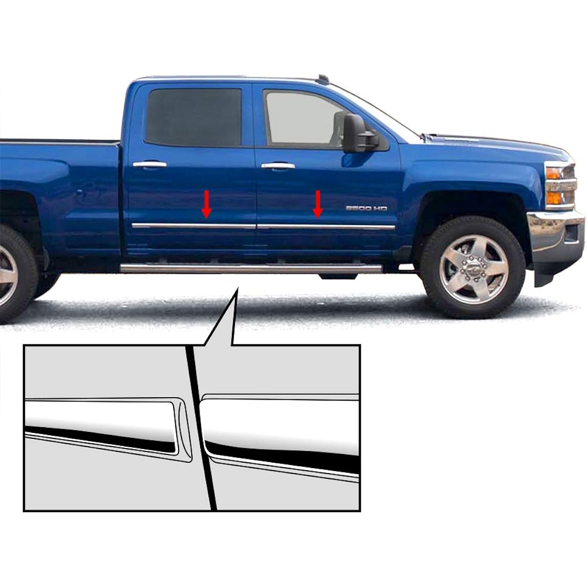 Made in the United States. 2014-2018 Chevrolet/GMC Silverado/Sierra Crew Crew Cab Body Side Molding Trim 1 1/8 inch 4 points overlay