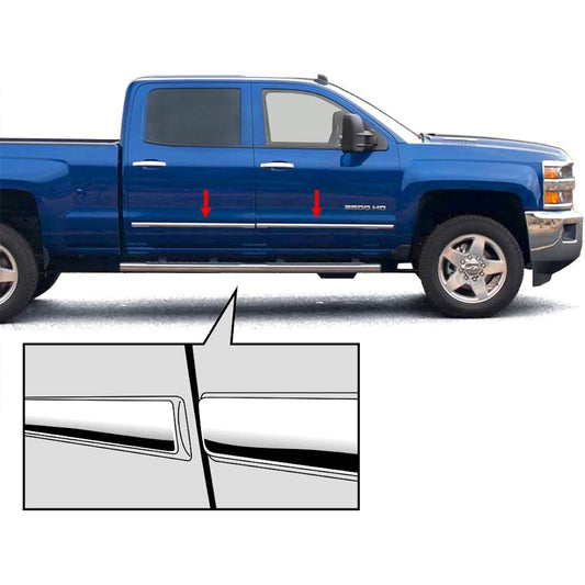 Made in the United States. 2014-2018 Chevrolet/GMC Silverado/Sierra Crew Crew Cab Body Side Molding Trim 1 1/8 inch 4 points overlay