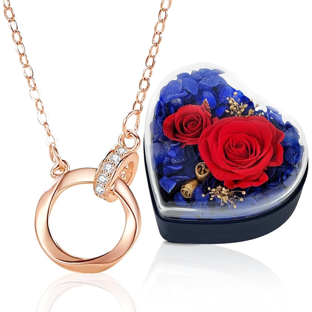 Preserved Flower Jewelry Box Necklace, Women's, Flowers That Will Not Wither + Highest Grade Cubic Zirconia Pendant, Double Ring, 2 in 1, Anniversary, Birthday Present, Girlfriend, Wife, Wedding Gift, Mother's Gift, Popular, Female Friend, Women, Retirem