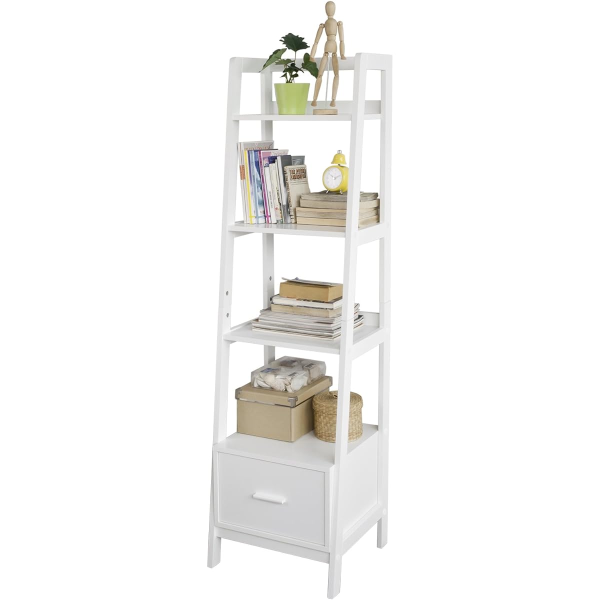 SoBuy Open Shelf Bookshelf Slim Open Rack Wooden Display Rack Storage Shelf [5 Tiers Width 44cm with Drawers Scandinavian Style Stylish] Gap Storage Living Room Storage Decorative Shelf (FRG116-K-W/White)