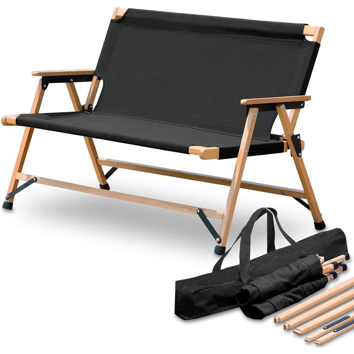 FIELDOOR Folding Bench, Classic Bench, Camping, Outdoor, Folding Bench, Wooden, Cotton, For 2 People, Easy Assembly, Storage Bag Included, Low Chair, Indoor