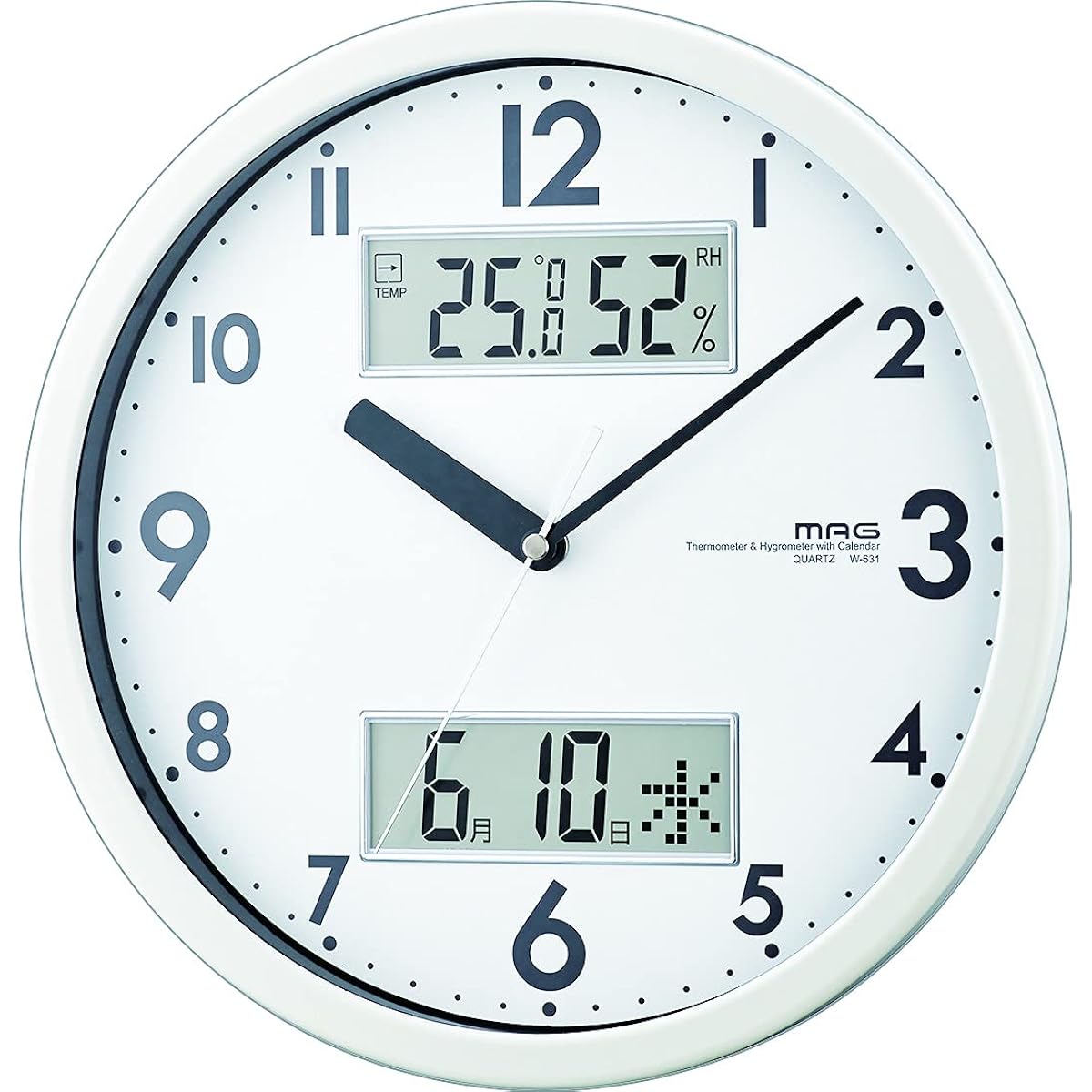 MAG Wall Clock Analog Double Measure Silent Continuous Second Hand Temperature Humidity Date Day of the Week Display White W-631WH