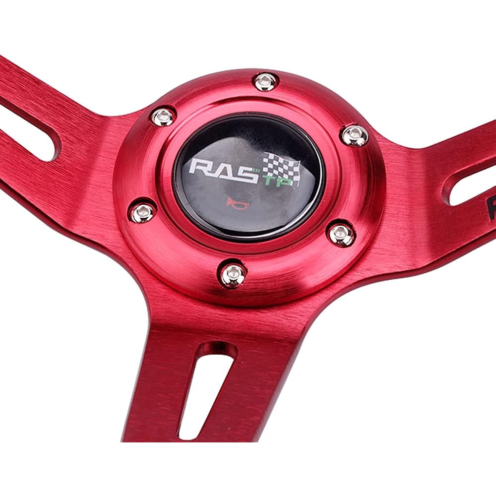 MUTEKI Steering Handle, Diameter 13.8 inches (350 mm), Lightweight Aluminum Leather, For Cars, Replacement, Deep Cone Steering, Classic Leather Embroidery, Horn Buttons, General Purpose (Red)