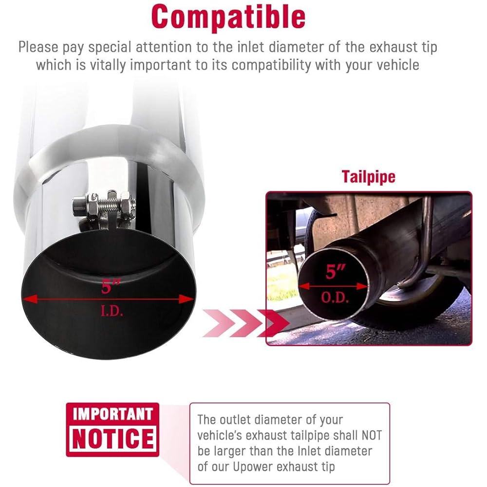 Upower diesel exhaust port 5 inch inlet 6 inch outlet length 15 inch tail pipe universal truck Stainless steel bolt -on