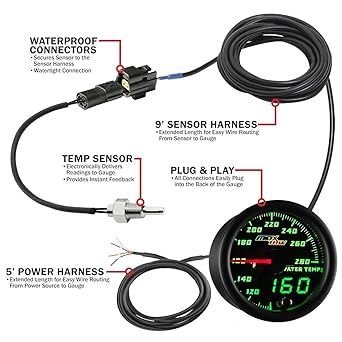 MAXTOW Double Vision 280 F Water Cooling Termeter Kit -With Electronic Sensor -Black Gauge Face -Green LED Illumination Dial -Analog & Digital Read -Trucks -2-1/16 inches 52mm