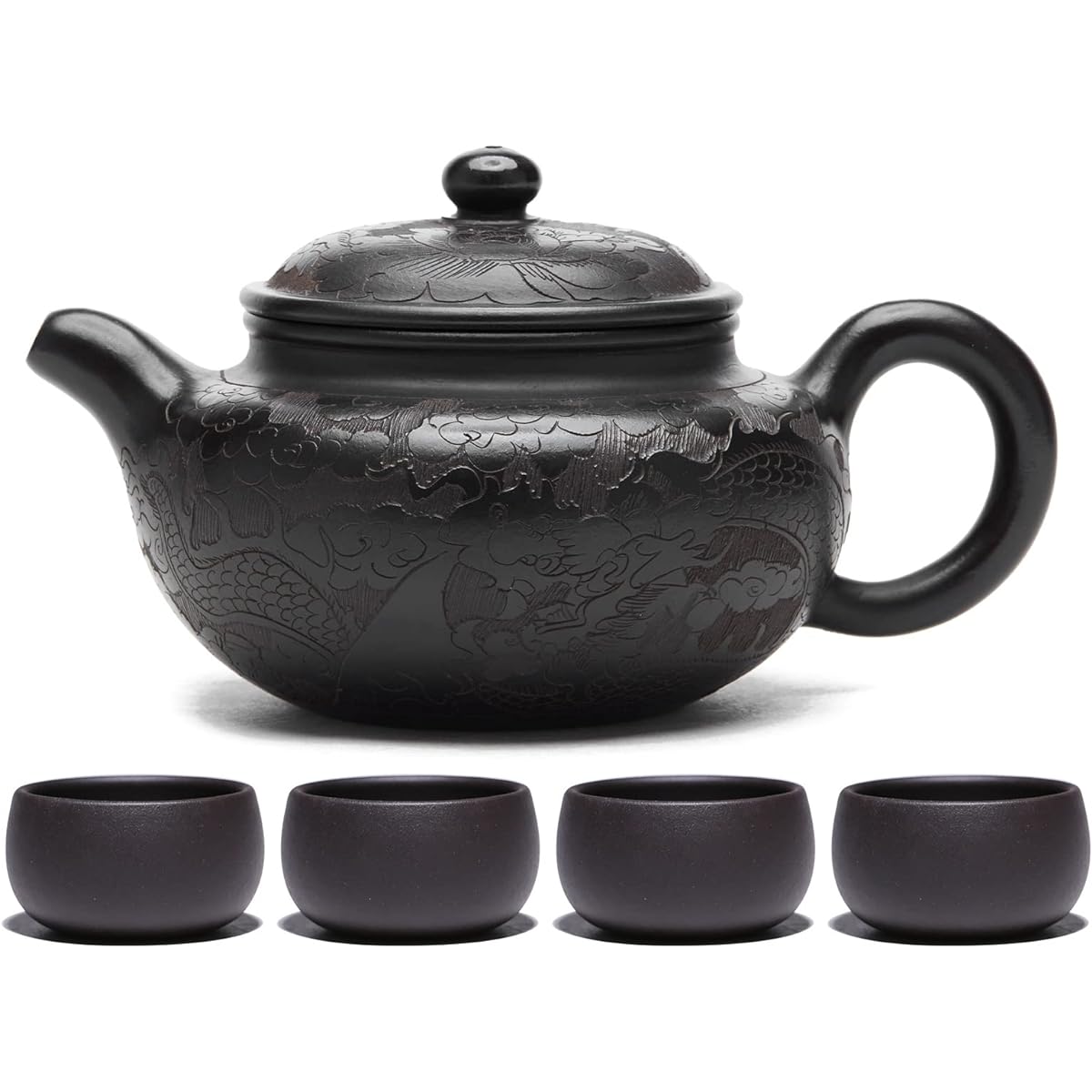 Pokaro Tea Black mud dragon pattern purple sand teapot, handmade ceramic teapot, carefully made by artisans, mellows the taste of tea, 1 purple sand teapot and 4 purple sand teacups, tea utensil set, pottery, china clay material, raw ore handmade tea ute