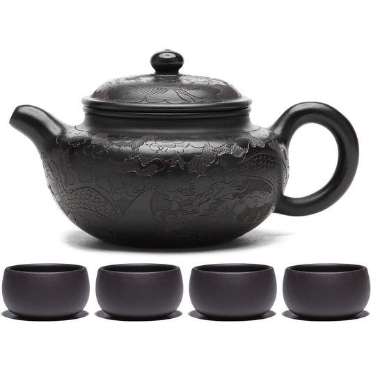 Pokaro Tea Black mud dragon pattern purple sand teapot, handmade ceramic teapot, carefully made by artisans, mellows the taste of tea, 1 purple sand teapot and 4 purple sand teacups, tea utensil set, pottery, china clay material, raw ore handmade tea ute