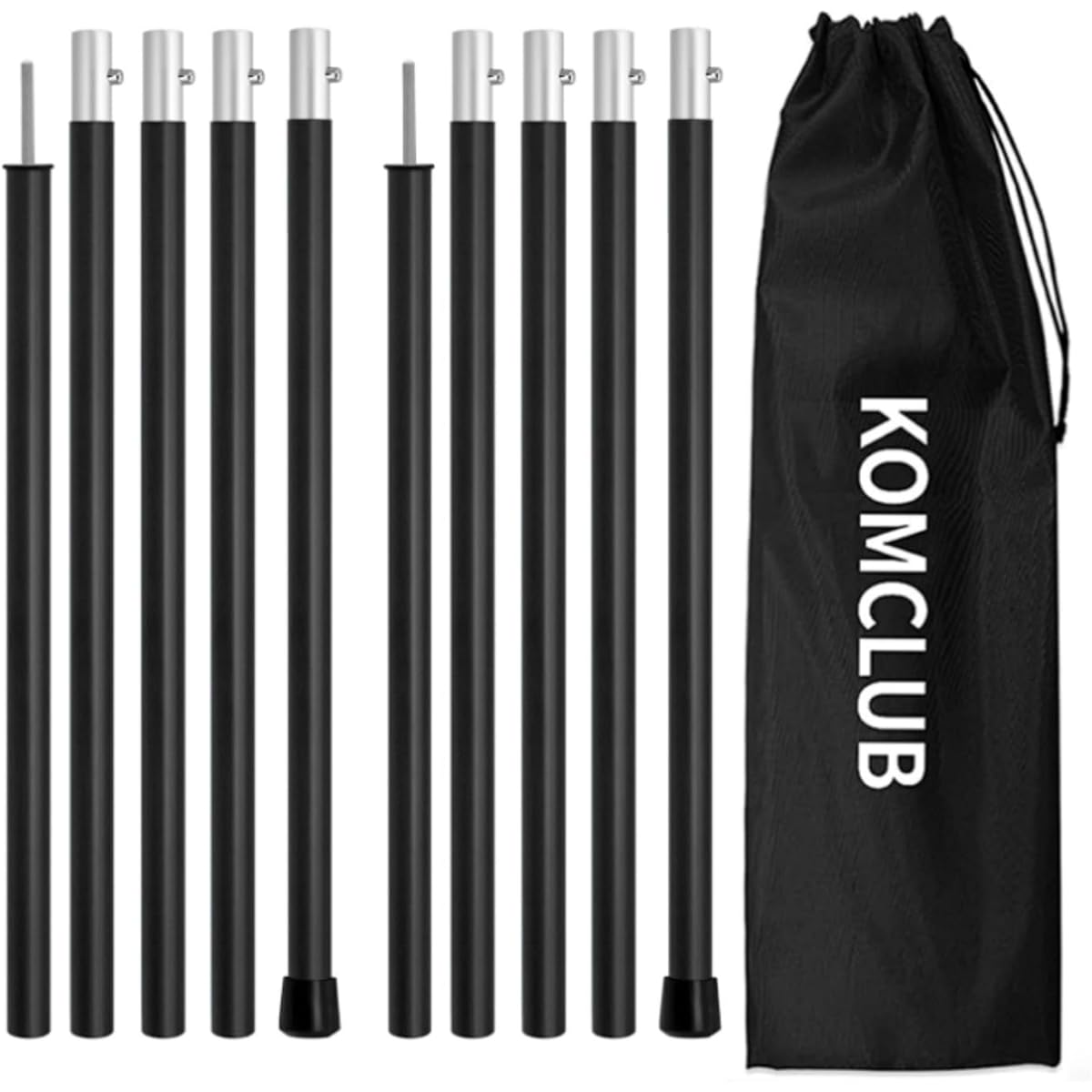 KOMCLUB Tent Pole, Aluminum Tarp Pole, Set of 2, 75cm to 190cm, 19mm Diameter, Split Type, 5-Section Connection Pole, Bush Button Type, Lightweight, Easy to Assemble, Awning Pole, For Camping, Touring, Outdoor, Setup, Storage Bag Included