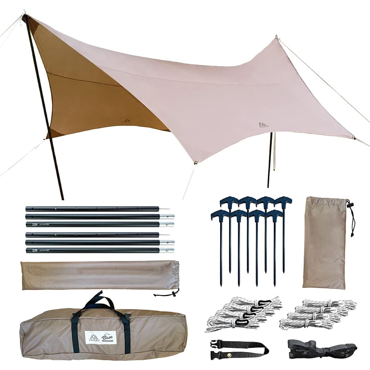 Viaggio+ Hexatarp with pole, water pressure 5000mm, 4.2m x 4.1m, UPF50+, for 4 to 6 people, with storage bag (Mocha)