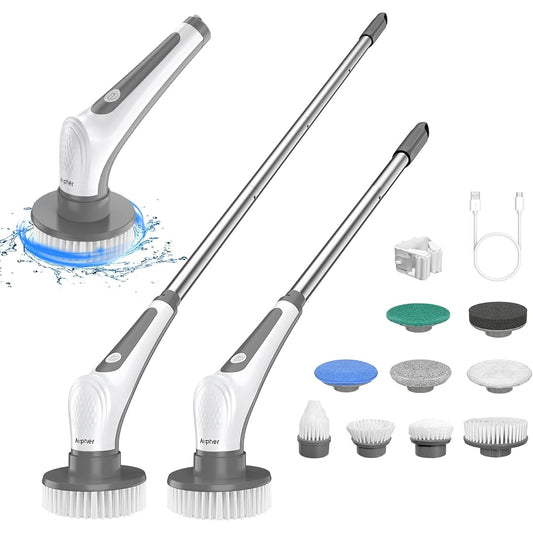 Airpher Electric Cleaning Brush, Highest IPX8 Waterproof in the Industry, Includes 9 Replacement Brushes, Deck Brush, Maximum 120 Minutes of Continuous Use, Polisher, 4 Lengths Extendable, Cordless,