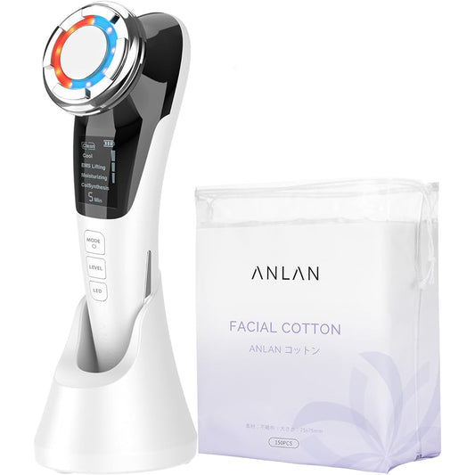 ANLAN Hot/Cold Facial Massager EMS Hot/Cold Care LED Light 8-in-1 Facial Facial Massager Eye/Mouth Care Lift Ion Pore Home Facial Massager (White + 150 Pieces Cotton)