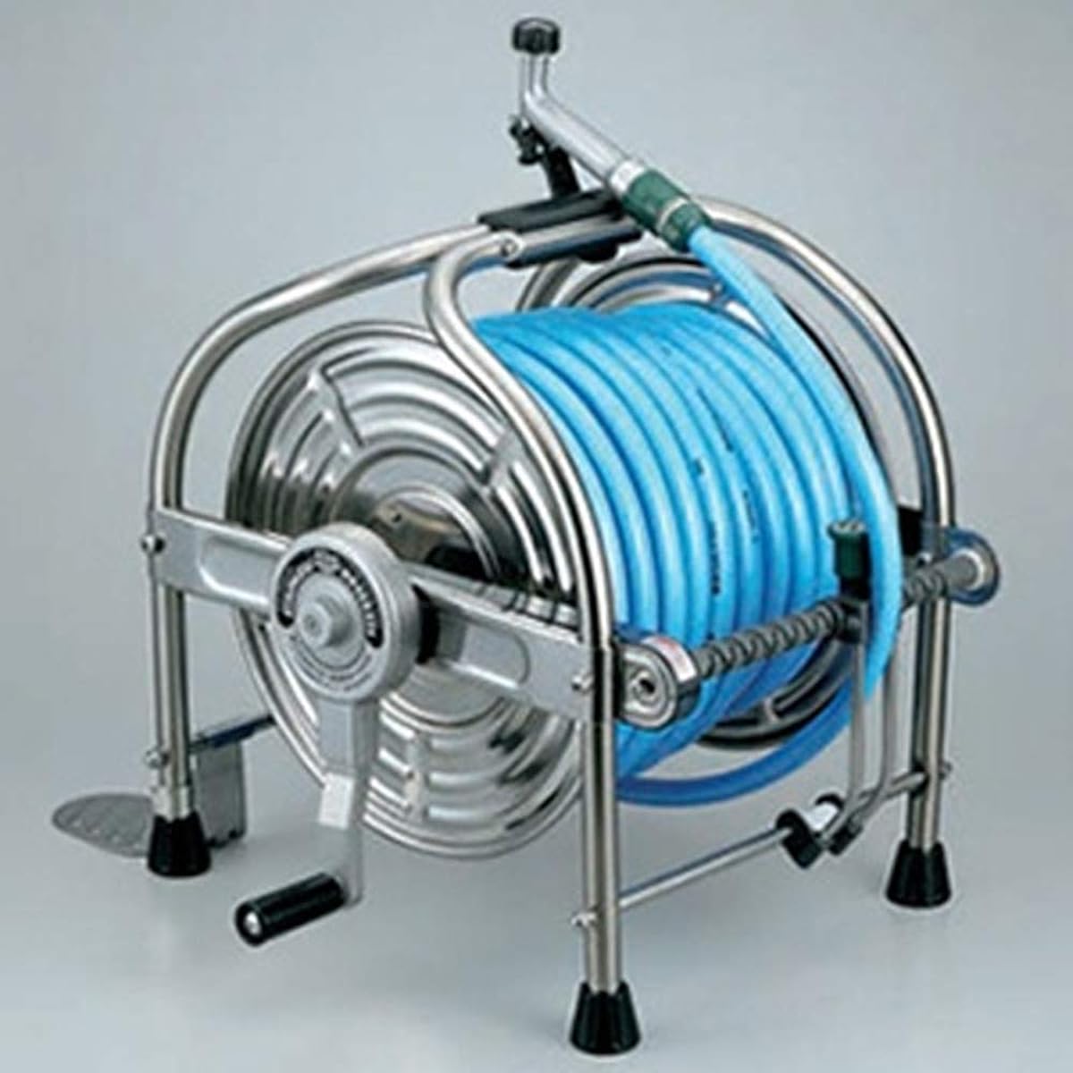 HATAYA Stainless Steel Hose Reel 40m Algae-proof Hose with Lever Nozzle, Narashimaki Hose Guide, Stainless Steel Pedal, Power Handle, Compact SLA-40P