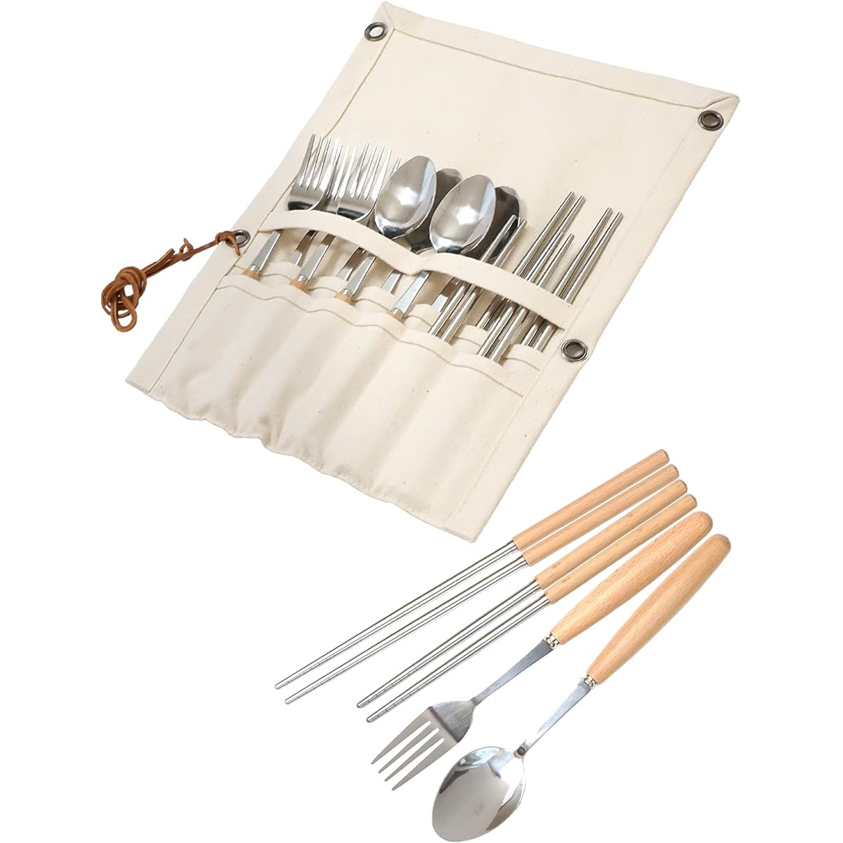 GramOutdoor Japanese Camping Cutlery Set Kinari 4 Person Outdoor Tableware Spoon Fork Chopsticks Cutlery Case Made in Japan (Kinari)