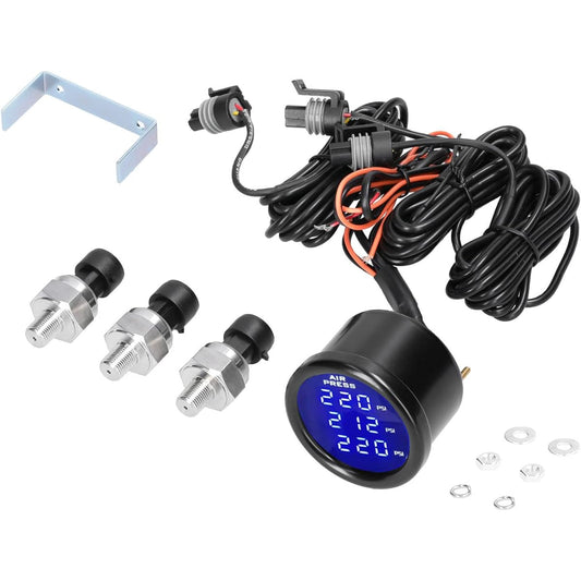 SHKALACAR Air Suspension Pressure Meter Triple Digital Displayed Vehicle Pressure Gauge 0-220PSI 1/8NPT Sensor with 3 pieces