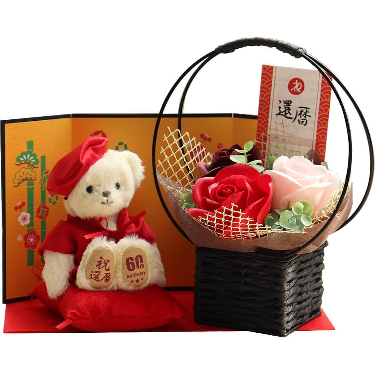 [Petit Roux] A festive teddy bear wearing a red Chanchanko (gold folding screen fragrance soap flower) for your 60th birthday.