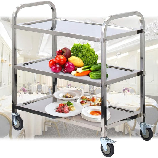 iimono117 Kitchen Wagon, Commercial Use, Stainless Steel, 85 x 44cm Top Plate, 3 Tiers, Restaurant, Hotel, Amusement Park, Stainless Steel Wagon with Casters, Stainless Steel Cart with Stopper, Serving Car, Load Capacity 100kg, Handle Included