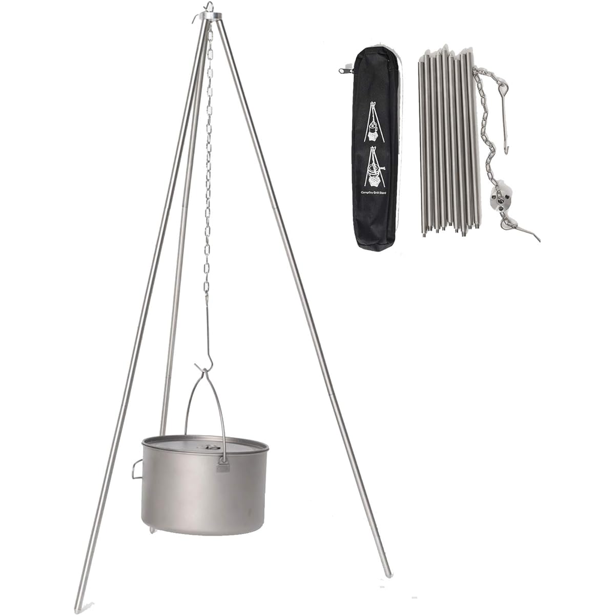 S'more Stainless Tripod Camping Tripod Tripod Tripod Stainless Steel Cookware Lightweight 428g Compact Camping Outdoor Solo Camping Chain Adjustment Logo Stylish Storage Bag Storage Case