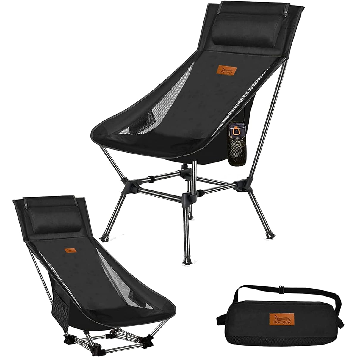 Outdoor Chair 2WAY Grand Low Chair Camping Chair Low Chair Grand Chair Lightweight with Pillow [High Back] [Uniquely Developed Cup Holder] With Pocket Load Capacity 150kg Compact Chair Chair Low Type Storage Bag Included Convenient for Fishing, Climbing,