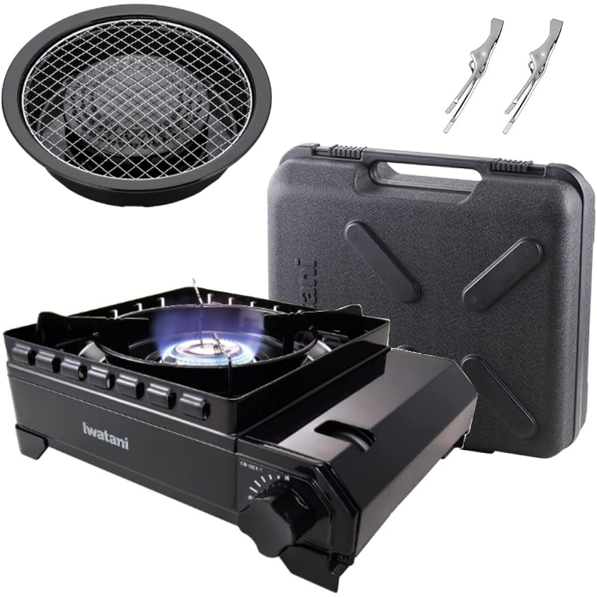 Iwatani Cassette Fu Toughmaru Black (CB-ODX-1-BK) + grilling plate + 2 mini tongs set
