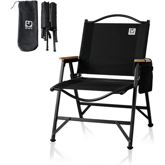 aruru camping chair folding, lightweight compact outdoor chair, innovative buckle design, easy to assemble, low chair suitable for bonfire and outdoor use, comes with storage bag and storage pocket.